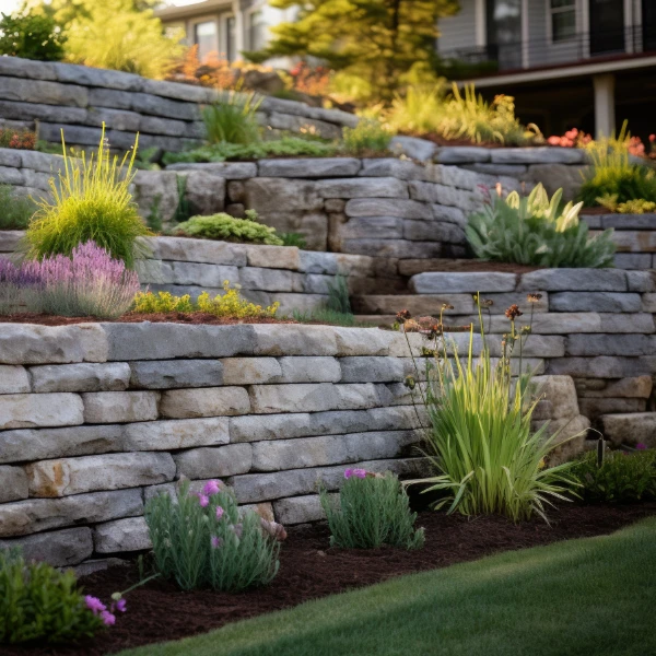 A landscaped garden with tiered stone retaining walls and a variety of plants.