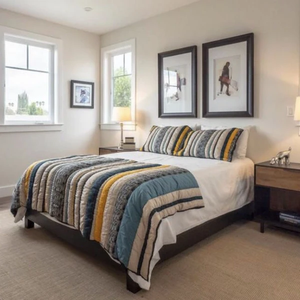 A neatly made bed with a striped comforter in a well-lit bedroom featuring framed artwork above the headboard and a nightstand with a lamp.