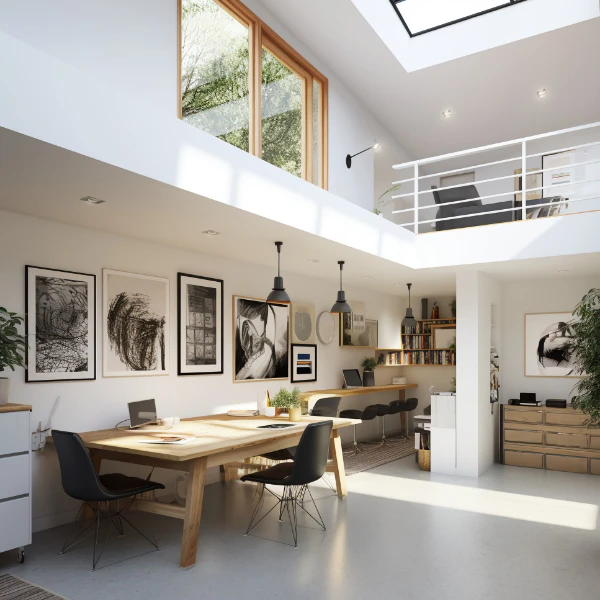 Bright and modern home office with large windows, skylight, and minimalist decor.