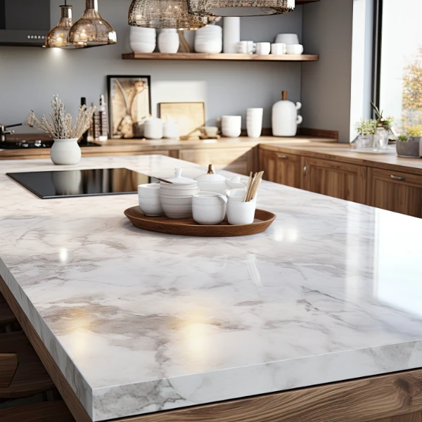 Modern kitchen with marble countertop and wooden shelves displaying white crockery.