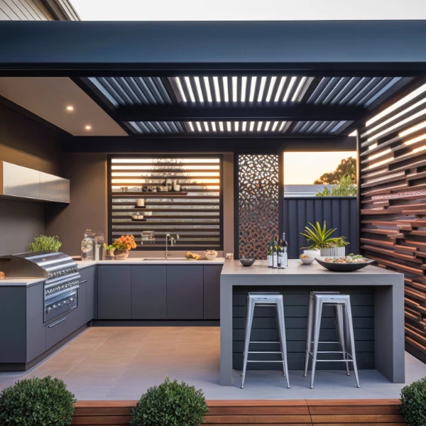 Modern outdoor kitchen space with bar seating and stylish wooden accents at dusk.