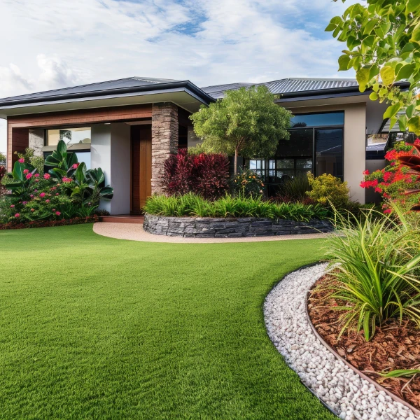 Modern house with landscaped garden and manicured lawn.