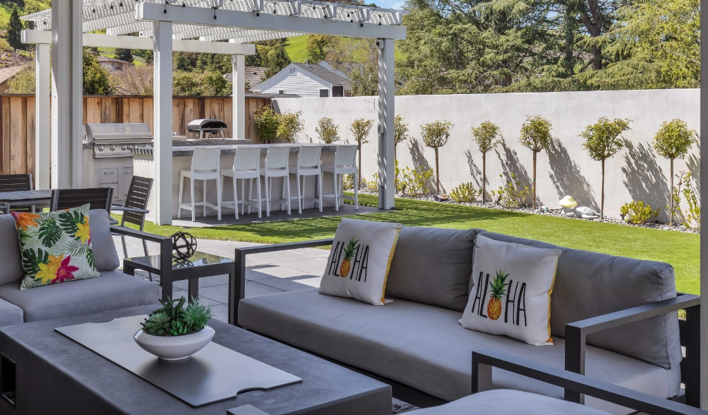 Backyard ADU remodel with outdoor couches.
