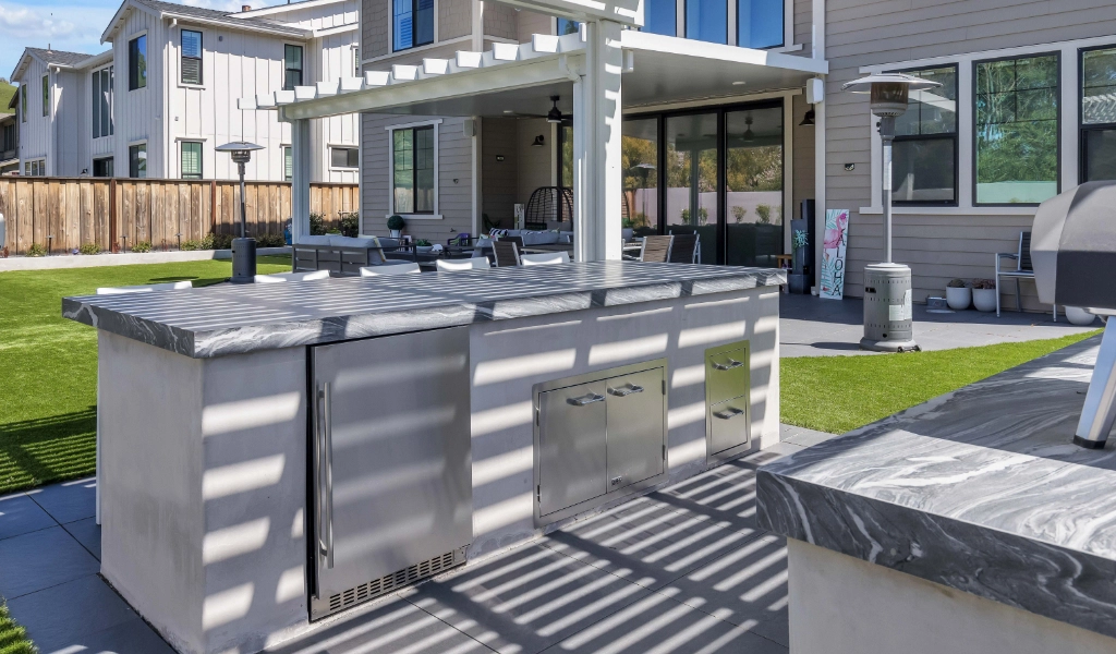 Backyard remodel with outdoor seating.