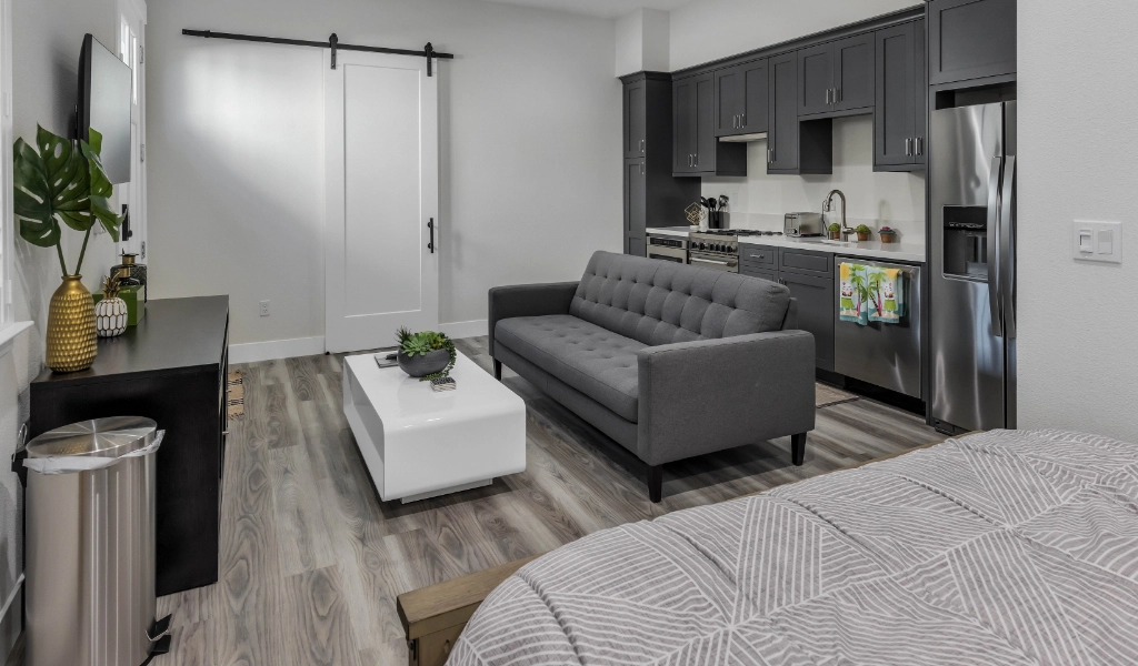 ADU with cozy seating area and kitchenette.