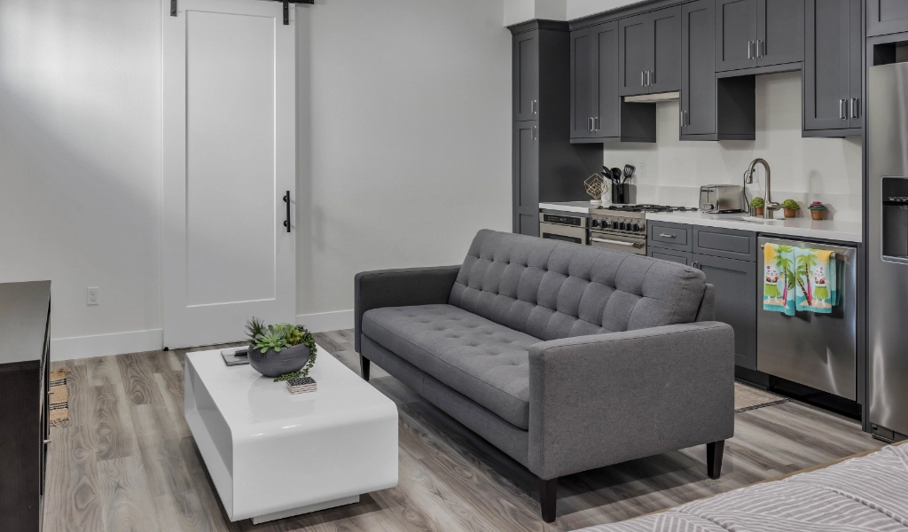 Backyard ADU with cozy couch and kitchenette.