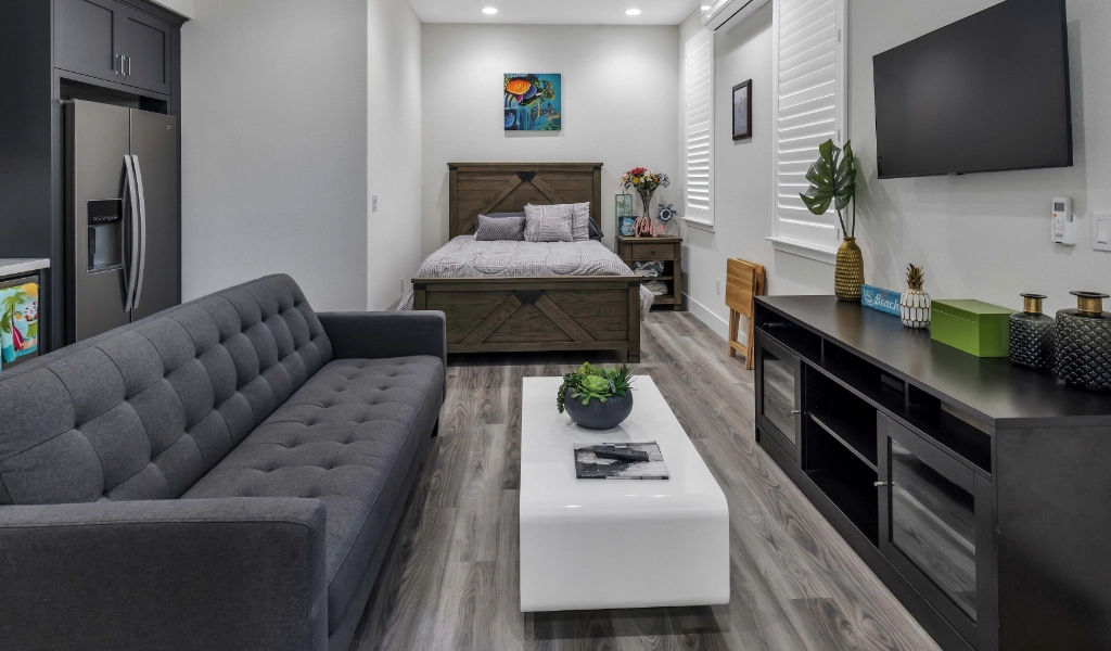ADU with entertainment center and bed.