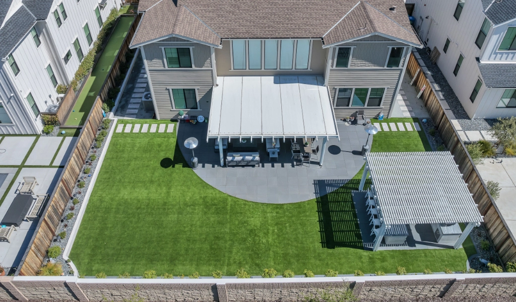 Aerial view of a backyard remodel.