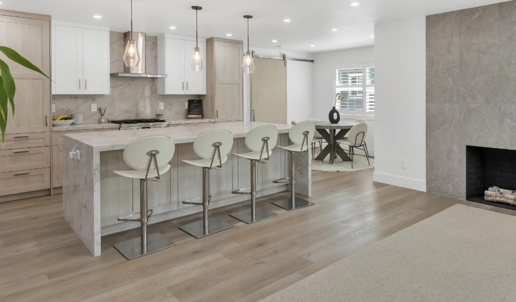 Complete remodel with new kitchen and modern fireplace.