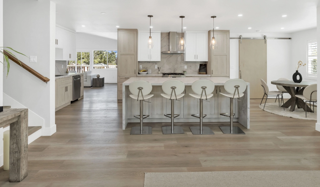 Kitchen remodel with bar stool seating.