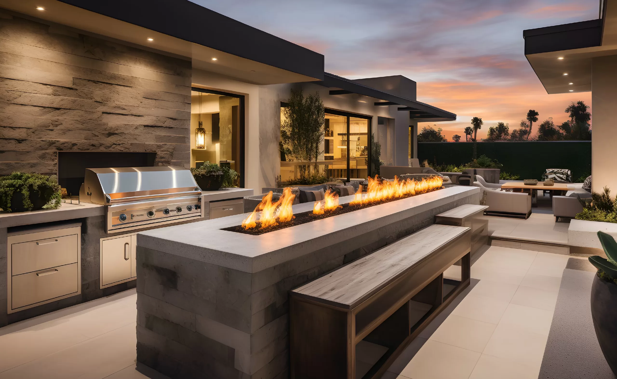 Outdoor kitchen, outdoor fire-pit, and outdoor seating on home patio.