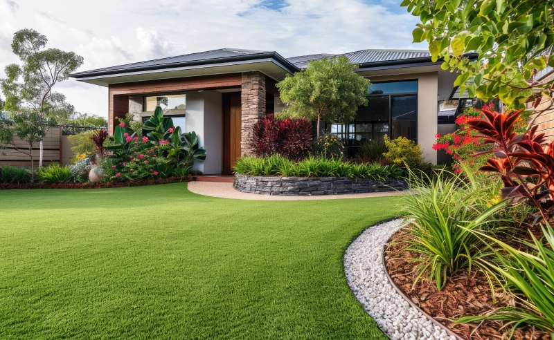 contemporary home outdoor landscaping with artificial grass, lush greenery and mulch