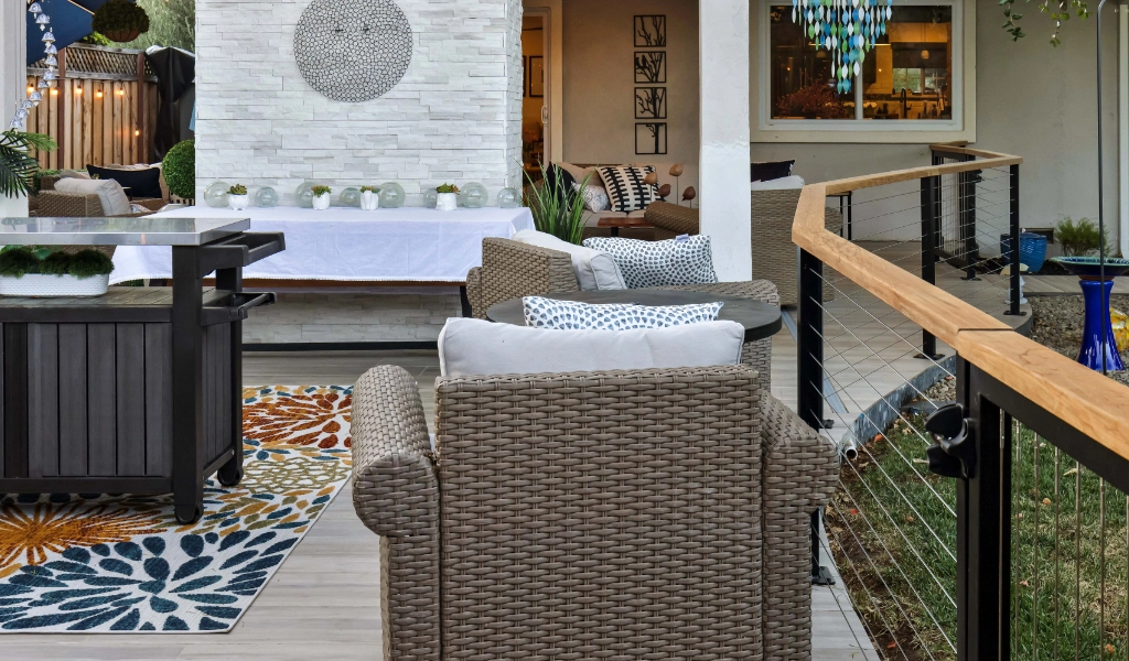 a relaxing and modern backyard living space and outdoor kitchen remodel with outdoor furniture