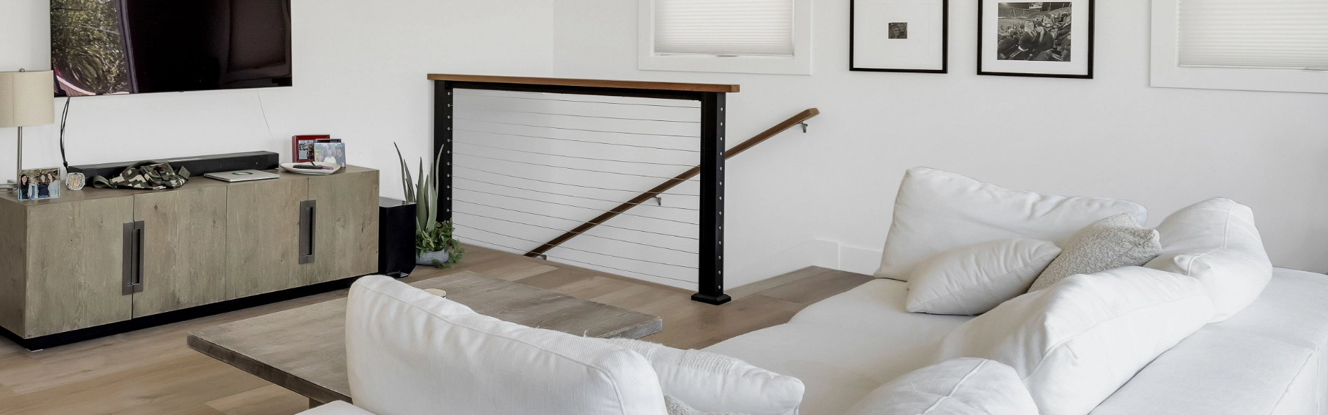 A minimalistic modern living space and loft.
