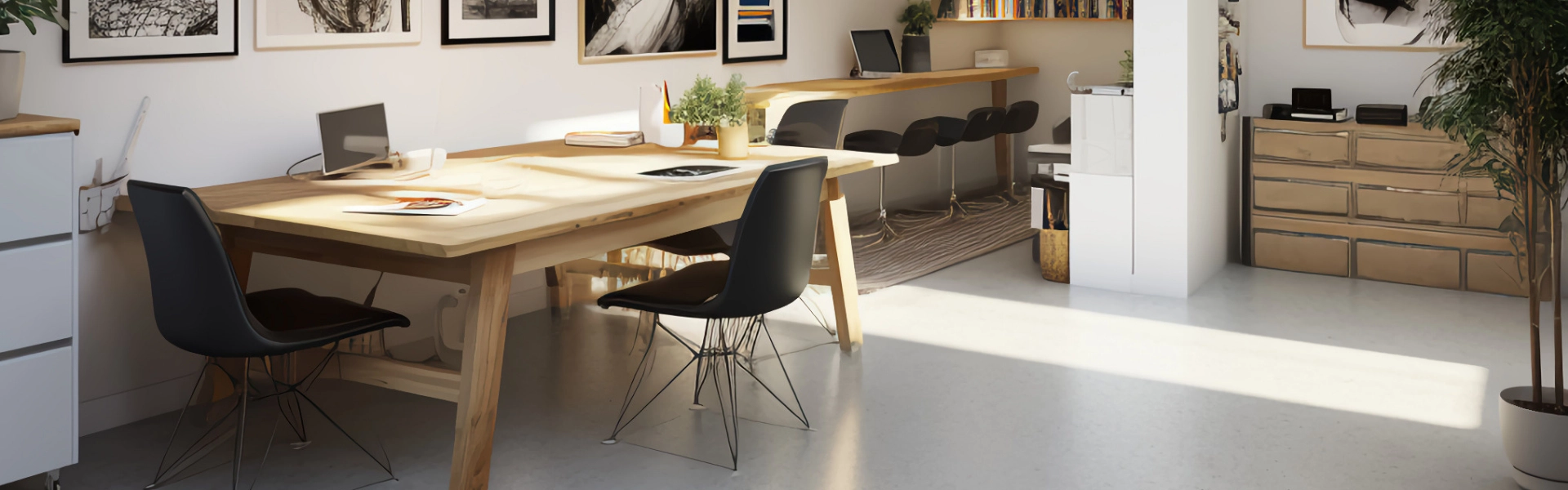 A high-end garage conversion with modern decor and furniture, natural light, and white walls.