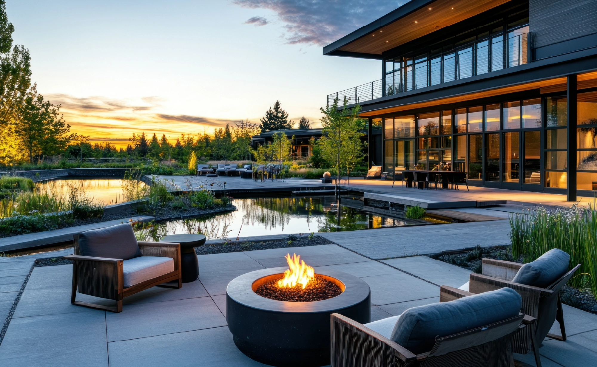 Modern outdoor living space with fire pit surrounded by sleek architecture, tranquil water features, and lush greenery at sunset in a serene setting.