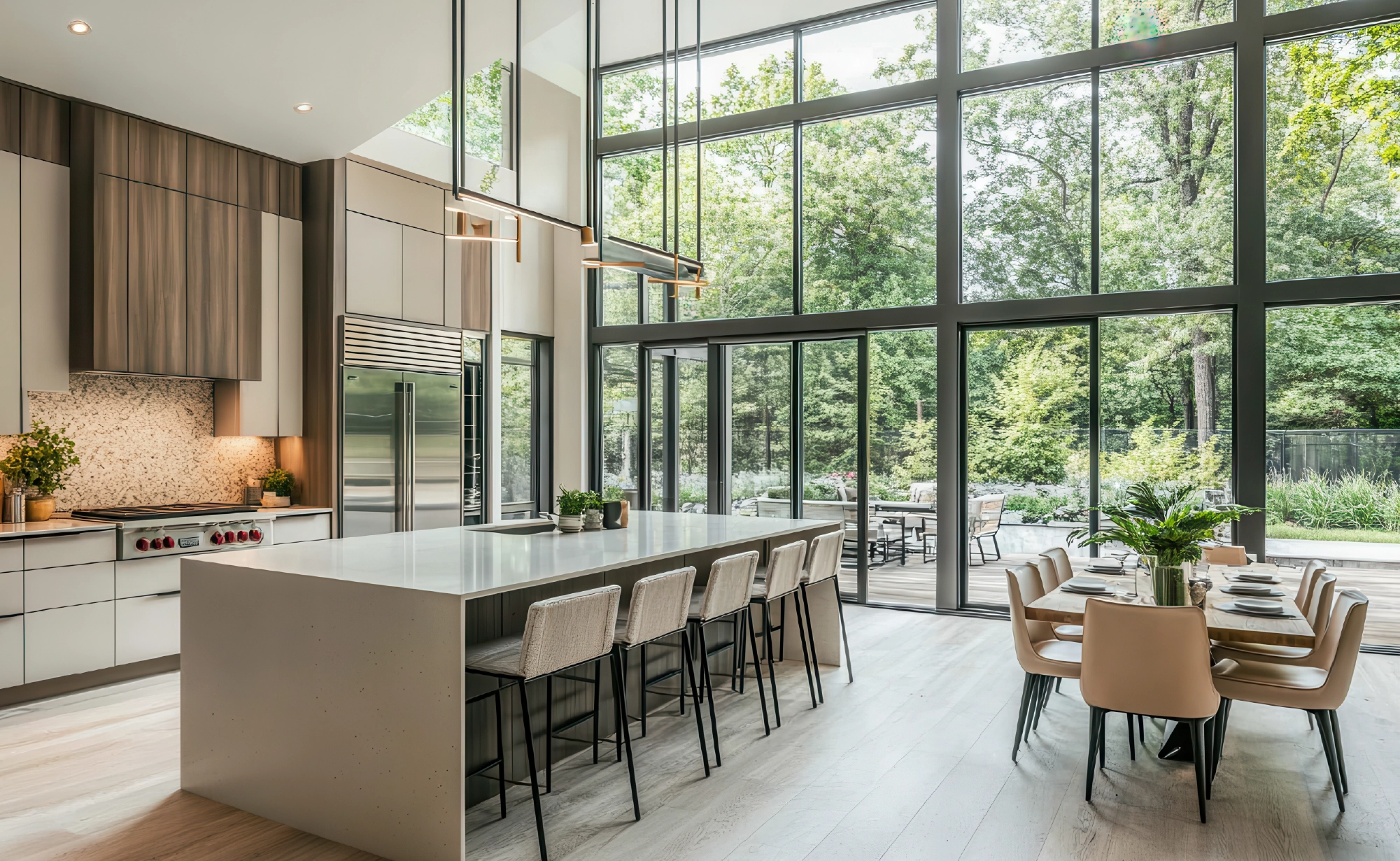 Modern kitchen with large windows and a spacious dining area, surrounded by greenery.