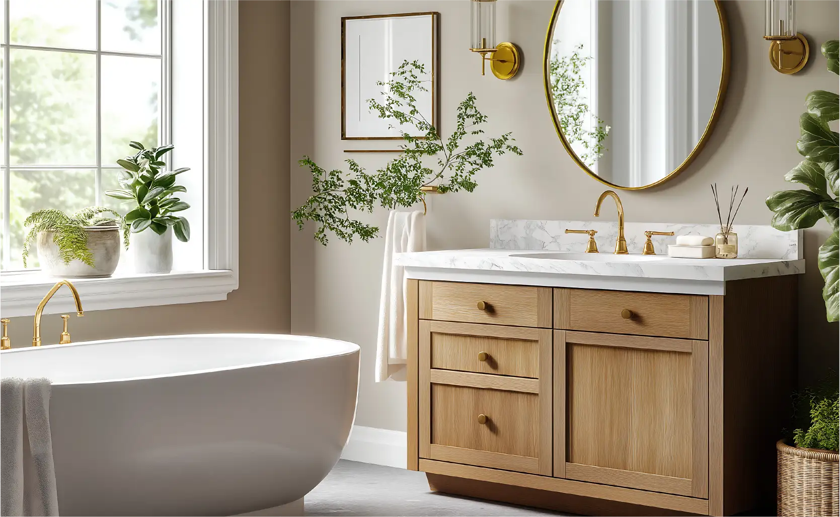 A modern bathroom remodel featuring a freestanding bathtub, wood vanity, round mirror, gold fixtures, wall art, and green plants near a large window.