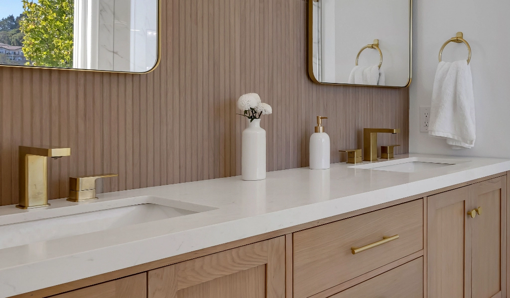 A modern bathroom with gold features, created by a home remodeling company in Oakland.