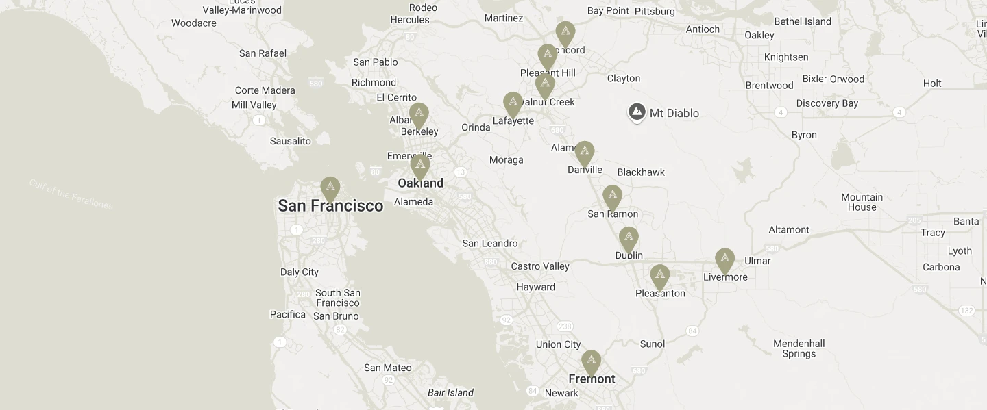 A map of the Bay Area, showing locations where Asher Brothers Construction has completed home remodels.